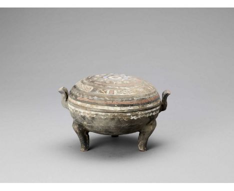   TRIPOD VESSEL WITH LID, WESTERN HAN  China, 206 BC - 9 AD. Terracotta with original painting. This vessel was not used for 