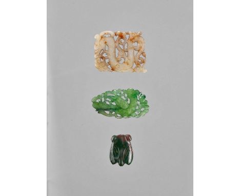   THREE HARDSTONE PENDANTS  China, late Qing dynasty (1644-1912) to Republic period (1912-1949). One jade pendant depicting a