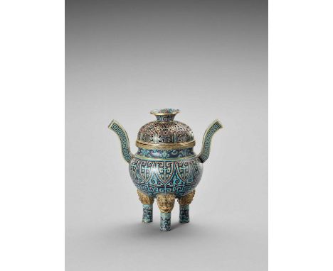   A LARGE GILT CLOISONNE ENAMEL ‘DING’ INCENSE BURNER, LATE QING  China, late Qing dynasty (1644-1912). The tripodal censer i