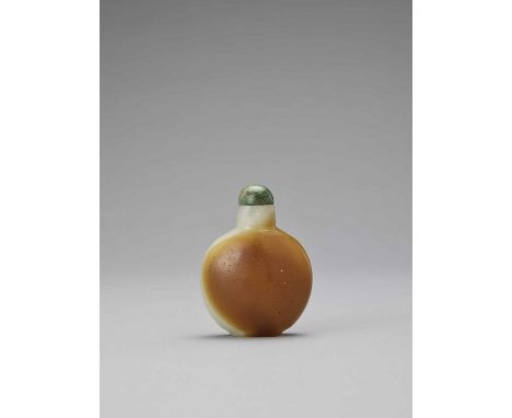   A GLASS IMITATION WHITE AND RUSSET JADE SNUFF BOTTLE, QING  China, 19th century. The snuff bottle of a circular shape with 