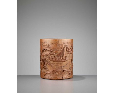   A BAMBOO 'BOATING' BRUSH POT BY WANG JICHANG, QIANLONG PERIOD  China, 1735-1796. Intricately carved with a majestic lakesho