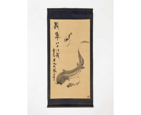   AFTER QI BAISHI (1864-1957): A HANGING SCROLL PAINTING  China, 20th century. After Qi Baishi. Depicting a lobster and two c