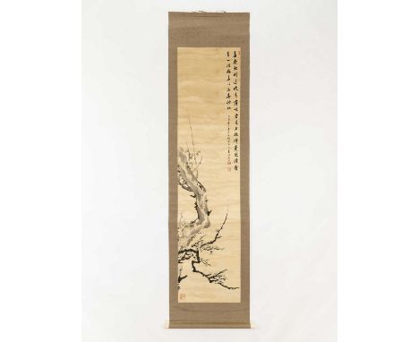   A HANGING SCROLL PAINTING OF A PRUNUS TREE, QING  China, Qing dynasty (1644-1912). Ink painting with some color mounted as 