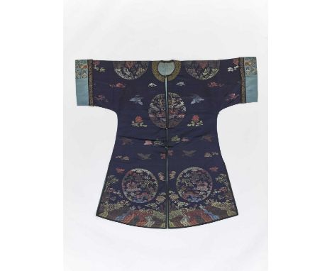   AN EMBROIDERED LONGGUA LADY'S SURCOAT WITH LANDSCAPE ROUNDELS  China, 19th century. Silk with multi-colored and gold thread