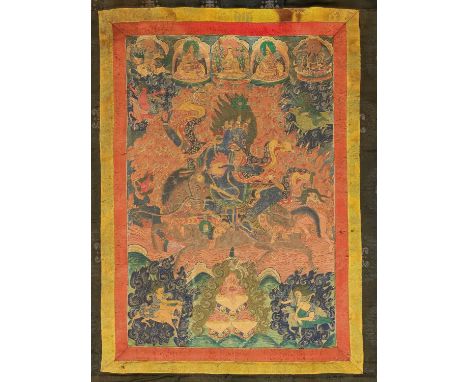   AN IMPRESSIVE TIBETAN THANGKA OF PALDEN LHAMO, C. 1900  Tibet, c. 1900. Impressively painted with tempera on cloth. The viv