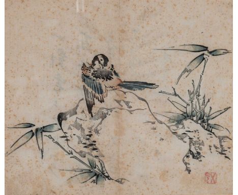   A CHINESE ORIGINAL PRINT OF A BIRD ON A ROCK, 19TH CENTURY  China, 20th century. Original color print, matted and framed. T