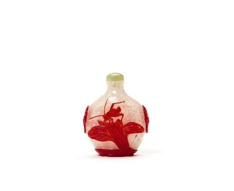   RED OVERLAY ‘CRICKET’ SNUFF BOTTLE, QING DYNASTY  Ruby-red overly carved with neatly incised details on a translucent ‘snow