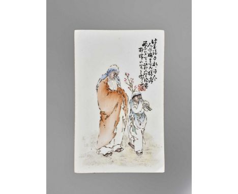   A PORCELAIN PLAQUE BY WANG QI (1884-1937)  China, signed Zushan taotaozhai Wang Qi. Depiction of Lin Bu with a pupil, carry