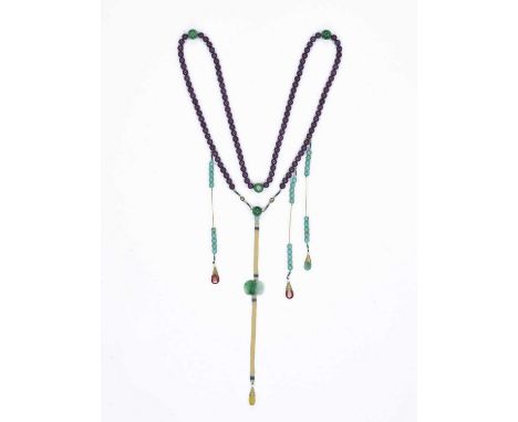   A JADE AND TURQUOISE COURT NECKLACE, CHAOZHU, LATE QING  China, 19th to early 20th century. The necklace includes one hundr