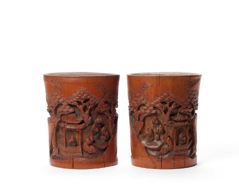   A PAIR OF BITONG BAMBOO BRUSHPOTS WITH SCHOLARS AND PAVILIONS – QING / REPUBLIC  China, late Qing Dynasty to Republic perio