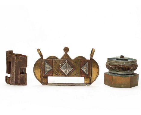   LOT OF TWO CHINESE PADLOCKS AND AN OPIUM LIGHT, QING DYNASTY  China, 19th – earlier 20th century. Mixed metals with some in