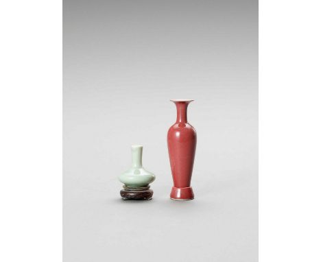   TWO MONOCHROME PORCELAIN MINIATURE VASES  China, late Qing to Republic period (1900-1950). The fist a flattened spherical v