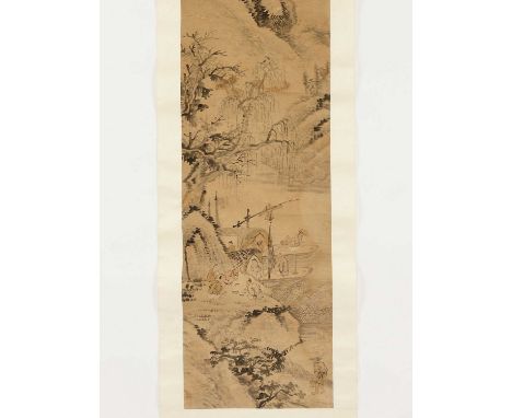   A HANGING SCROLL PAINTING, LATE QING  China, late Qing dynasty (1644-1912). The ink painting mounted onto a scroll and depi