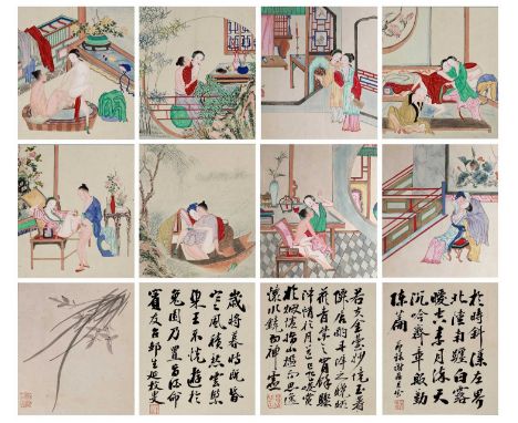   AN ALBUM WITH EROTIC PAINTINGS, QING  China, 19th century, Qing Dynasty (1644-1912). The album containing eight fine erotic