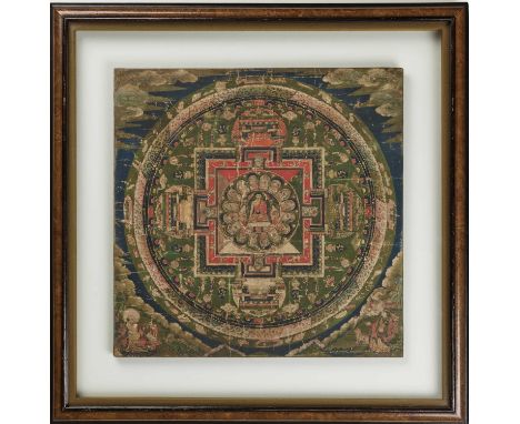   A RARE THANGKA WITH A MANDALA OF BUDDHA, TIBET 18TH CENTURY  Very fine painting with distemper and gold on linen. Buddha is