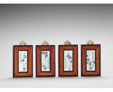   FOUR SMALL ‘BAMBOO’ PORCELAIN PLAQUES  China, jiaxu, dated 1934. Decorated with bamboo sprays and lines of calligraphy, eac