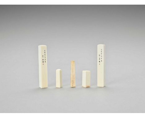   FIVE CARVED IVORY SEALS, LATE QING  China, late Qing dynasty (1644-1912). Two with red calligraphy to the side and the unde
