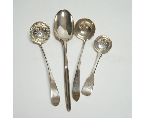 An 18th century silver spoon with marrow scoop handle, indistinct base marks, two silver sifter spoons and a white metal sauc