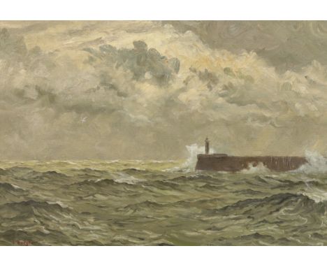 Sidney Robertson Rodger (1916-1981), oil on canvas, Seascape with jetty and lighthouse, signed, 50 x 76cm, unframed