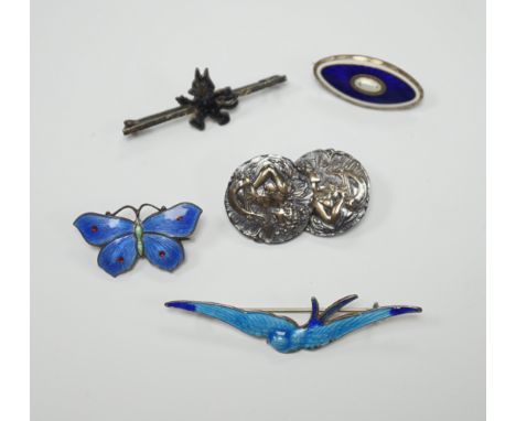 A Norwegian 925S and two colour enamel oval brooch, 28mm, a sterling and three colour enamel butterfly brooch, a white metal 