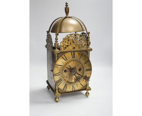 19th century brass lantern clock, dial signed George Harris in Fritwell, with two train fusee movement, 38cm high