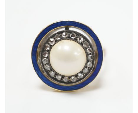 An early to mid 20th century yellow metal, split pearl, rose cut diamond chip and blue enamel set target ring, size H, ross w