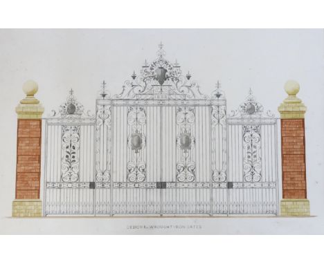 Late 19th century watercolour, architectural student’s design for a pair of wrought iron gates, 86 x 56cm