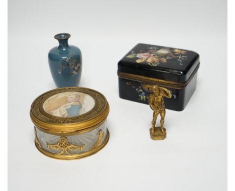 A Palais Royale circular gilt metal cut glass box with an inset portrait miniature of Napoleon on ivorine, 12cm diameter, a B