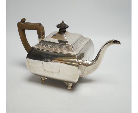 A George III silver shaped square teapot, by Urquhart &amp; Hart, London, 1805, on bracket feet, gross weight 19.4oz.