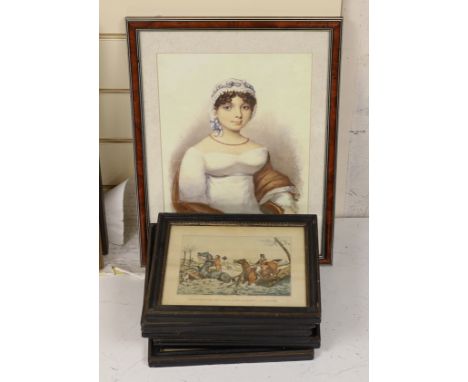 Early 19th century, watercolour, portrait of a Regency lady wearing a bonnet together with six hunting colour prints, waterco