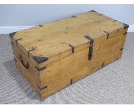 A large antique pine and metal bound Trunk,&nbsp;metal lined, W 107 cm x H 43 cm x D 54 cm. 
