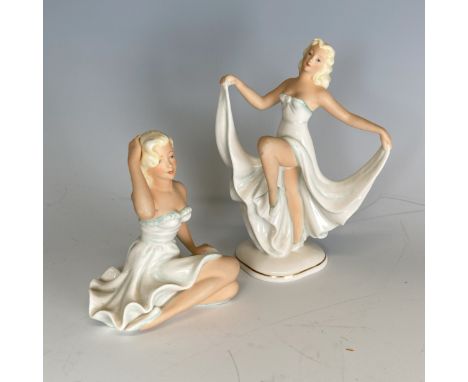 Marilyn Monroe interest: two Schaubach Kunst porcelain figurines of Marilyn Monroe, one seated, 12cm high, the other dancing,