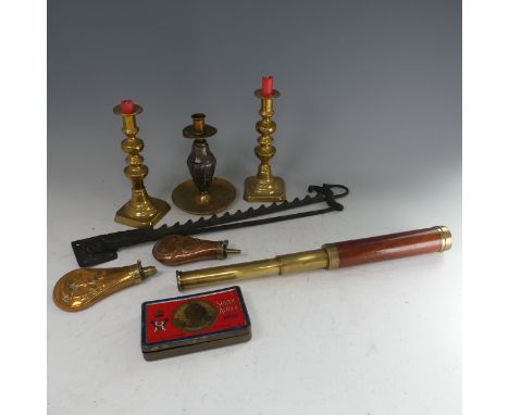 A 'J. Harris, London' brass and mahogany Telescope, together with an unusual WW1 trench art grenade Candlestick, stamped 'SGB
