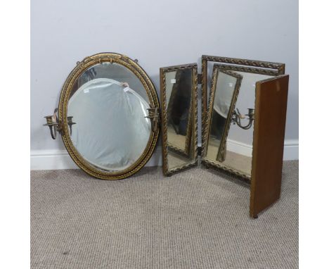 An early 20th century giltwood framed triptych dressing Mirror, W 91 cm x H 58 cm, together with another early 20th century o