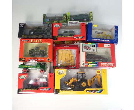 A collection of various boxed farm vehicles, including 4 Britains 1:32 scale Land Rovers: series 1, defenders, discovery, Bri