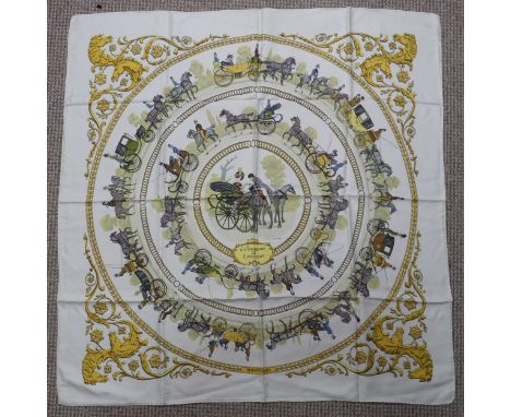 A Hermès&nbsp;silk twill scarf: 'La Promenade De Longchamps', designed by Philippe Ledoux, on cream ground, hand rolled edges