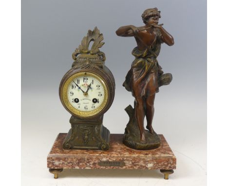 A 19th century French bronzed and marble mantle Clock, dial signed 'E. Brasseur, Crozon', encased in bronzed metal, raised on