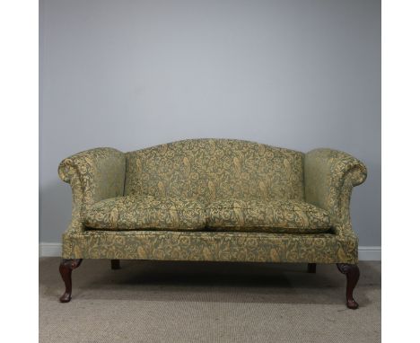 An antique George III style upholstered scroll end two-seater Sofa, raised on carved cabriole legs, W 175 cm x H 97 cm x D 74