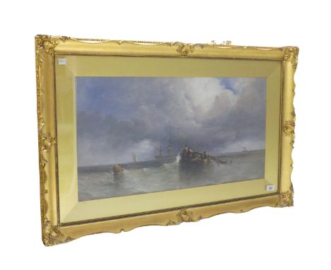 British school (19th century), Fishermen at sea in a coastal seascape, oil on board, signed lower right, 38cm x 72cm, framed.