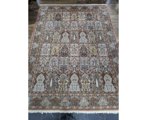 Tribal Rugs; a finely hand-knotted Persian rug, wool and silk pile on cotton base, salmon pink ground woven in a 'garden tile