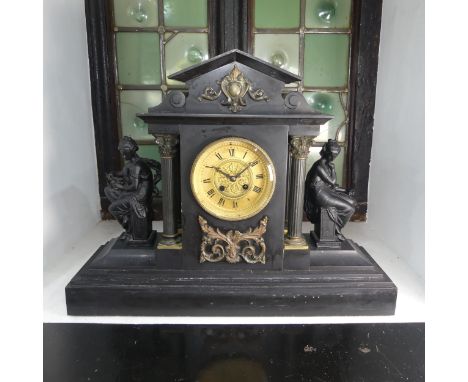 A large Victorian slate mantle Clock by Howell &amp; James Ltd, with metal garnitures to either side, gilt dial signed&nbsp;'