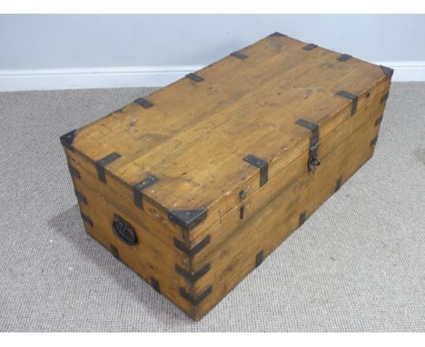 A large antique metal bound pine Trunk,&nbsp;metal lined, W 108 cm x H 41 cm x D 54 cm. 