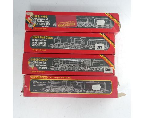 Hornby Railways: Five ‘00’ gauge 2-rail tender locomotives, all boxed, R.063 B.R. 4-6-2 Class 7 ‘Britannia’; R.066 L.M.S. 4-6