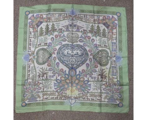 Two Hermès&nbsp;silk twill scarves: both 'Decoupages', designed by Anne Rosat, one with pale green ground, the other on gold 