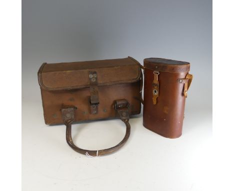 A WW2 leather military tool Bag / mechanics Box, stamped to the top with 'W D' and the military arrow, with metal lined inter