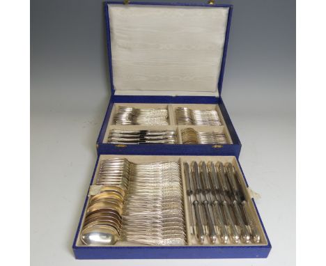 A canteen of silver plated Fish Cutlery, six place setting with mother of pearl handles, in velvet lined presentation case, t