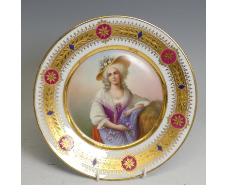 A late 19th century Vienna porcelain hand painted cabinet plate, signed 'Wagner', and titled 'Elizabeth de France' with beehi