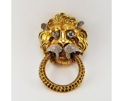 18K Gold & Diamond Lion Head Knocker Style Brooch/Pendant. Stamped inside back of head. Eyes contain round cut diamonds, whil