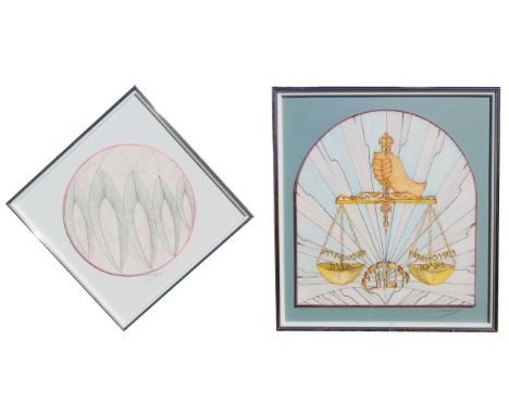 (2) J. Schwart Judaica Colored Pencil Drawings. Signed lower margin in pencil. Overall Sizes: 29.25 x 29.25 / 30 x 27.5 in. B