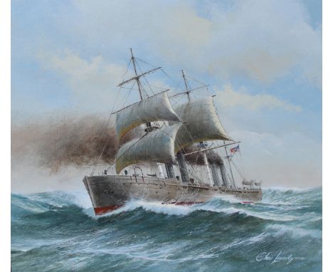 Charles J Lundgren (New York, Connecticut, 1911 - 1988) "U.S.S. Florida" Oil on masonite painting. Signed lower right. One of